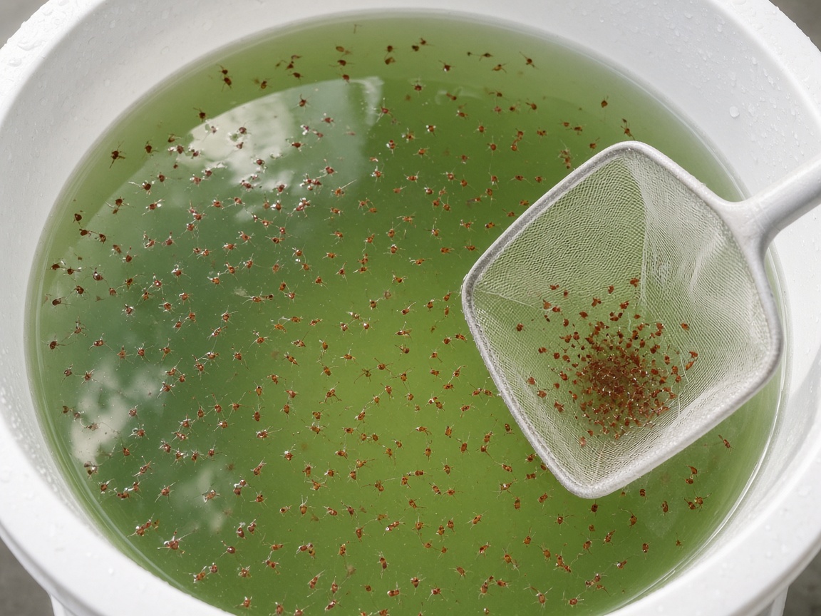 Live daphnia (moina) being harvested with a fine net from a green culture tub