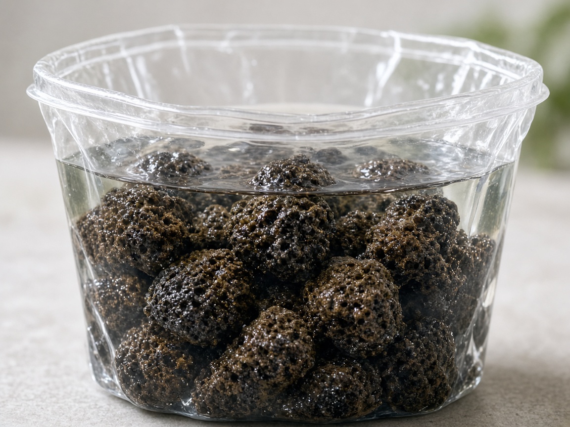 Wet seeded lava rock filter media in a clear bag with tank water, ready to jump-start a new aquarium cycle