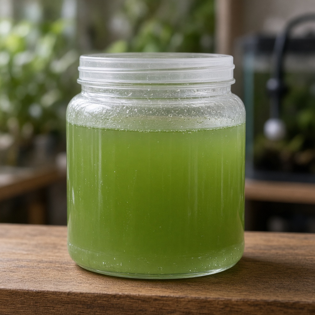 Pea-soup green water algae culture in a clear tub, ready to seed a sunlit outdoor culture