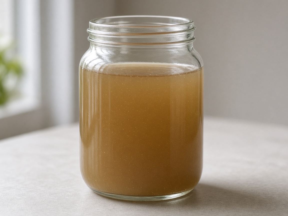 Cloudy green-amber infusoria culture jar with free-swimming microscopic life