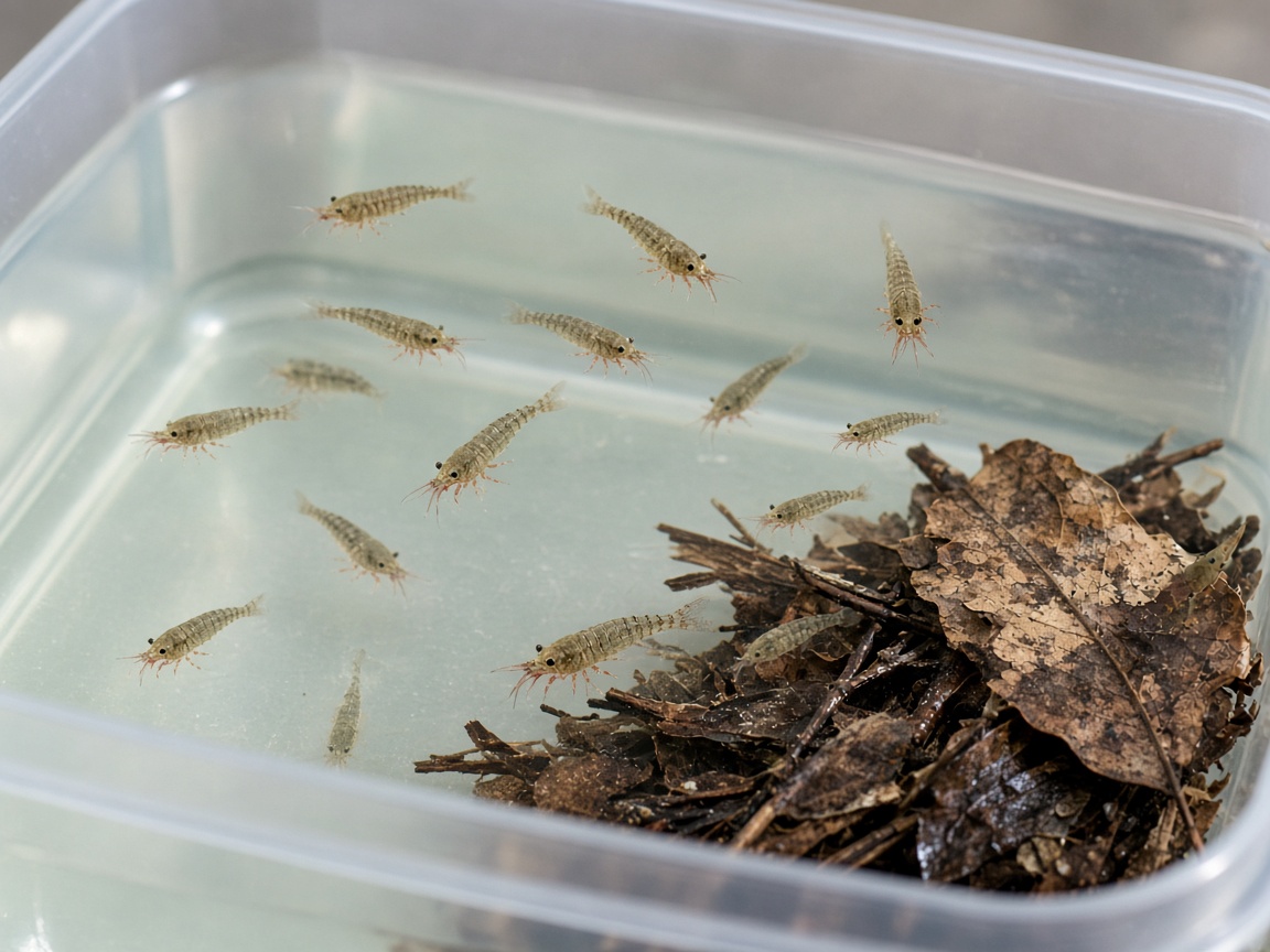 Live freshwater scuds (amphipods) swimming in a clear culture tub
