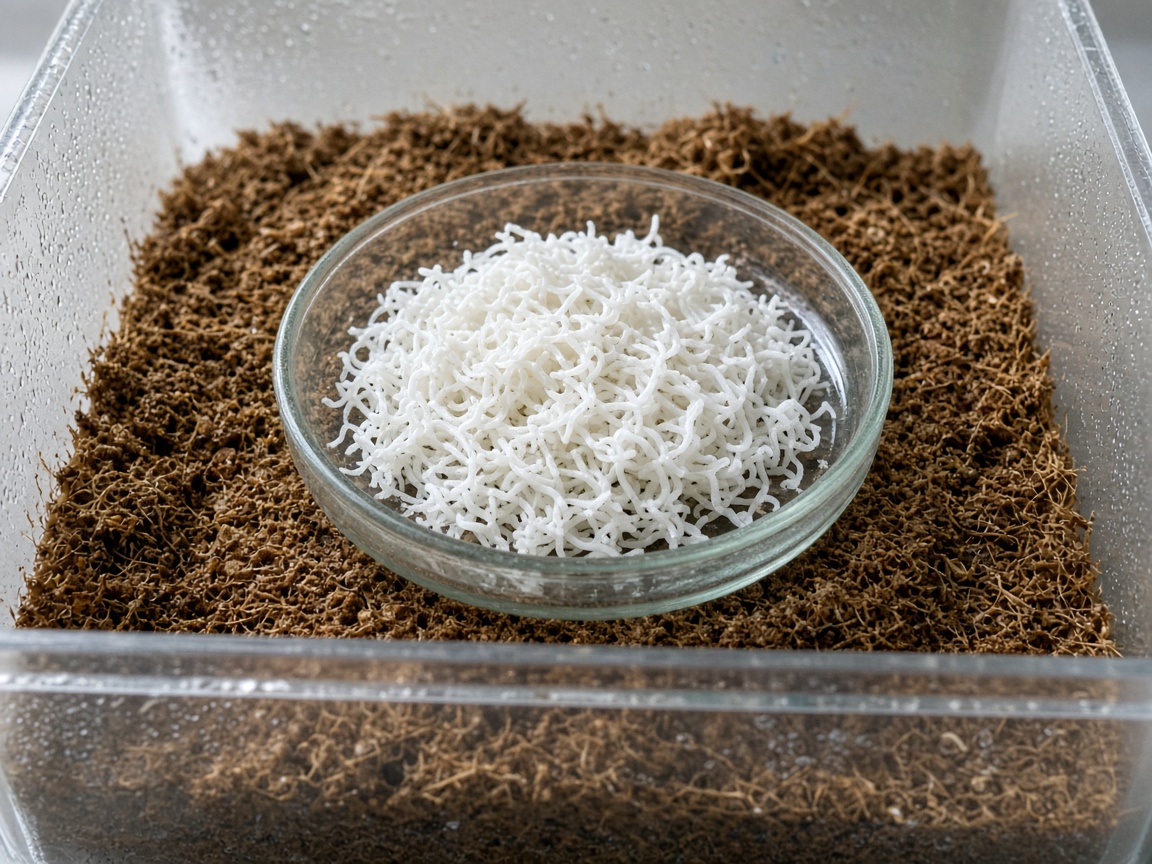 White worms harvested on a glass plate from a cool coir culture box